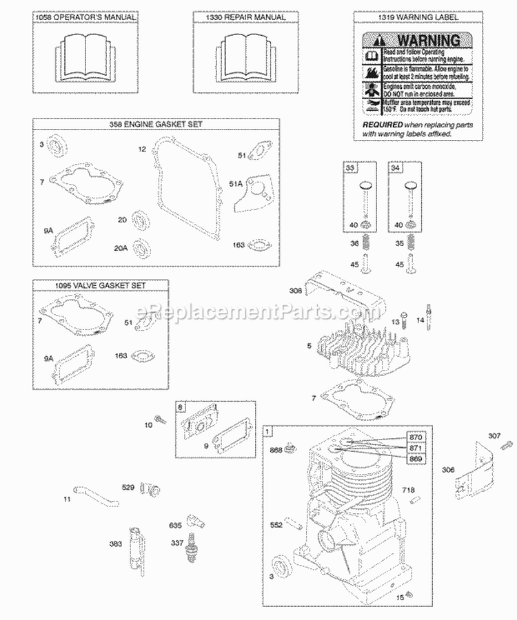 Cylinder Cylinder Head Gasket Set - Engine Gasket Set - Valve OperatorS Manual Warning Label Diagram and Parts List for 093412-0011-01  Briggs and Stratton Engine